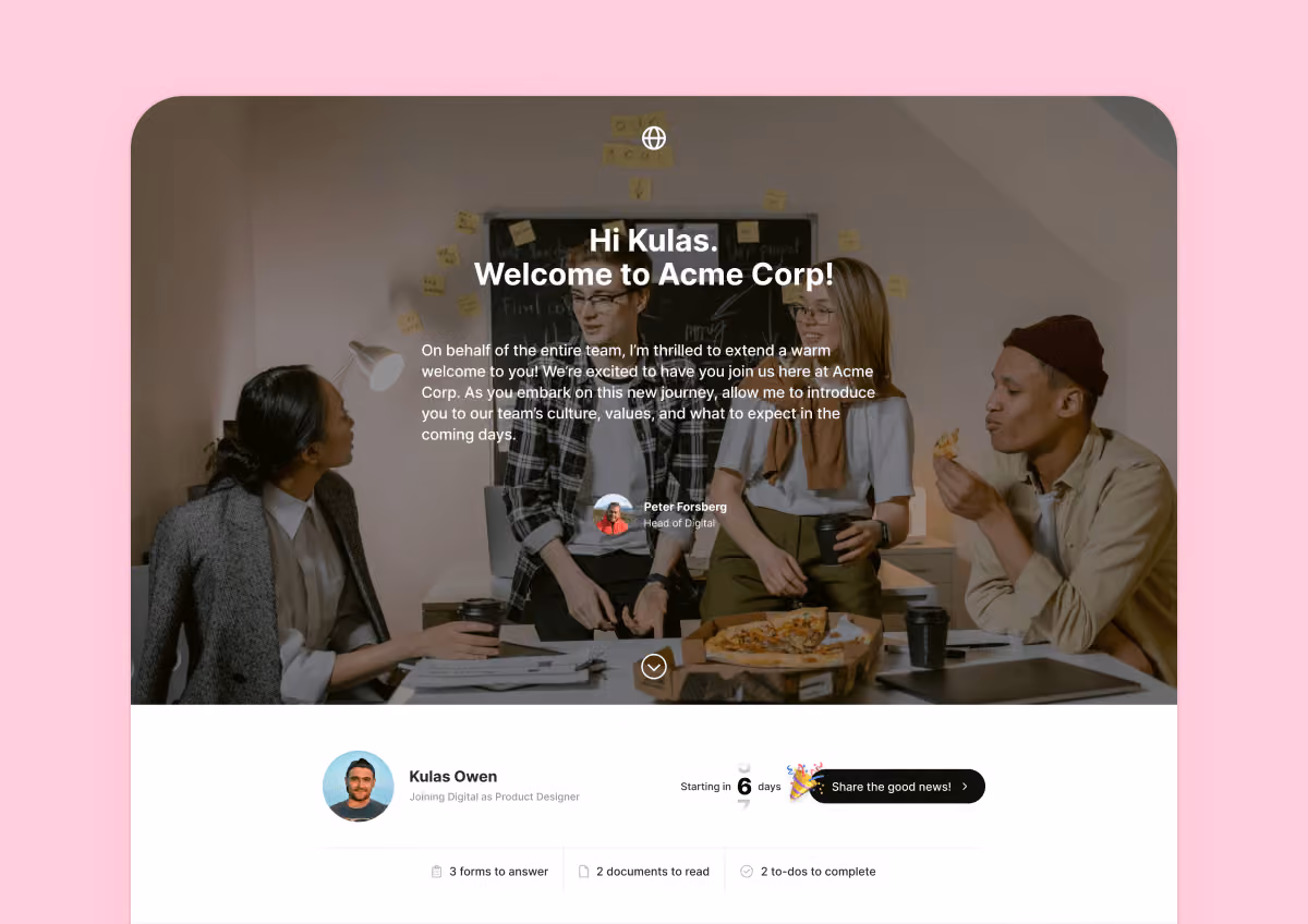 New hire onboarding experience in Teamtailor.
