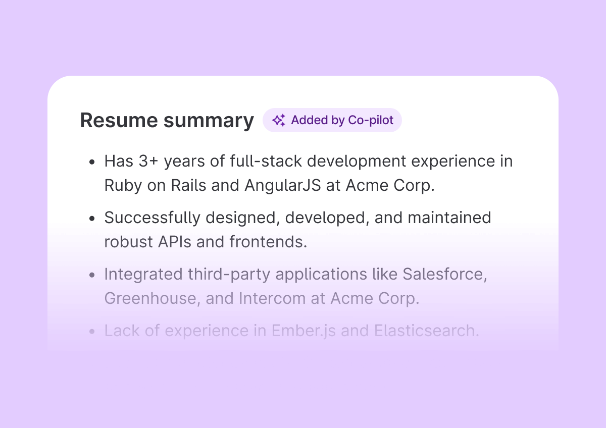 Co-pilot generating a candidate resume summary in the candidate profile.